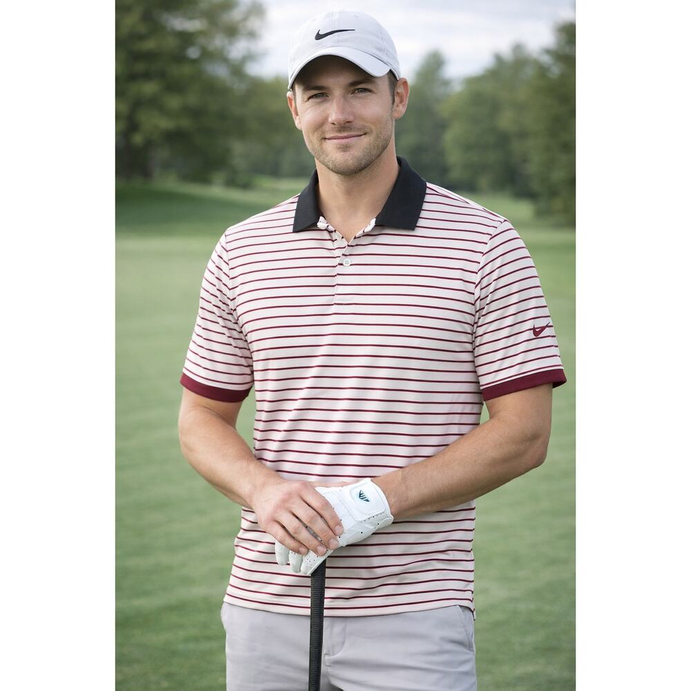 Nike Golf Polo Shirt Standard Fit Dri-Fit white red Striped Stretch Men's Sz L